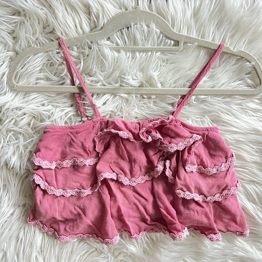 POL Ruffle Lace Crop Top L | Pink Smocked Boho Tank Adjustable Straps - Picture 9 of 9
